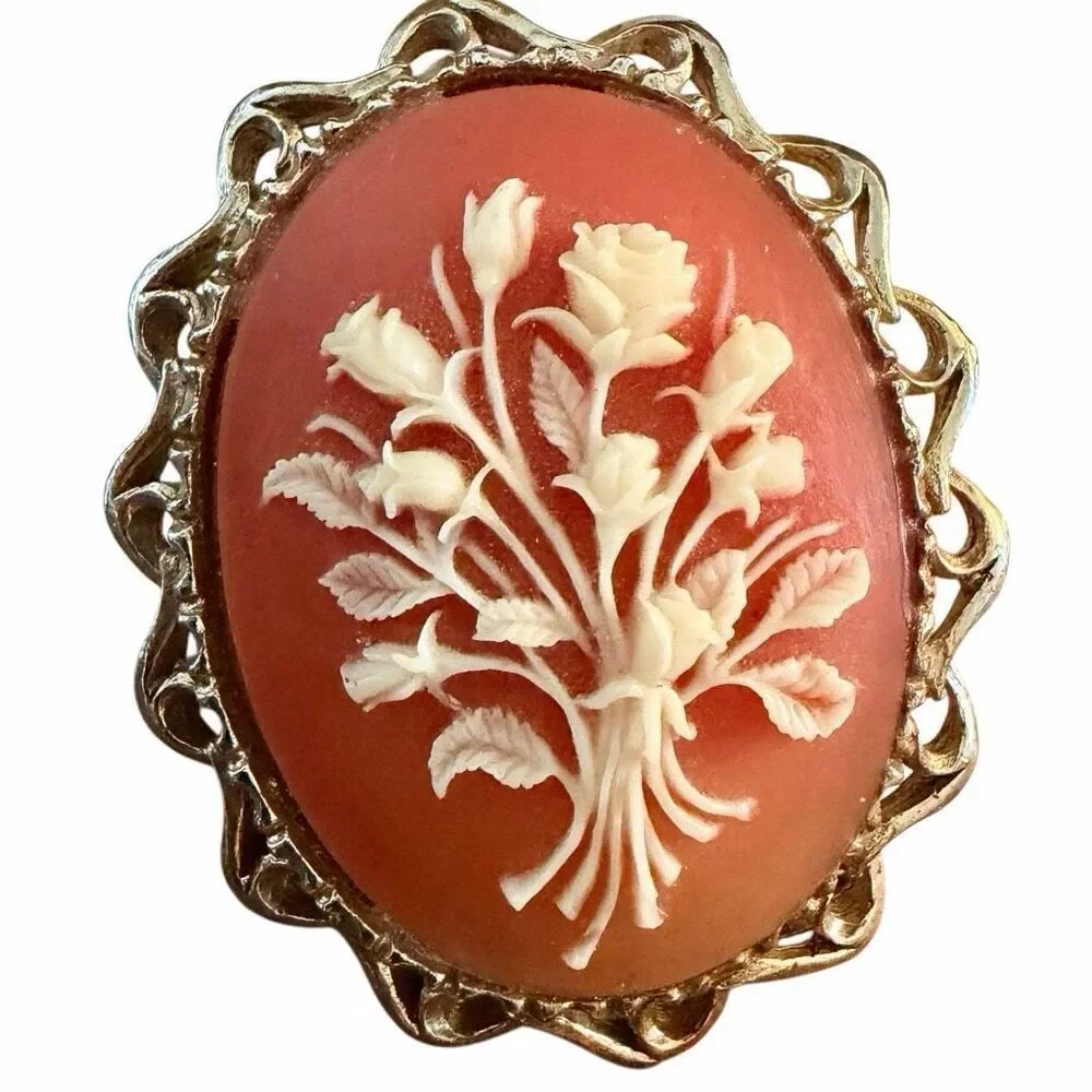 Vintage Carved Shell Cameo Floral Brooch